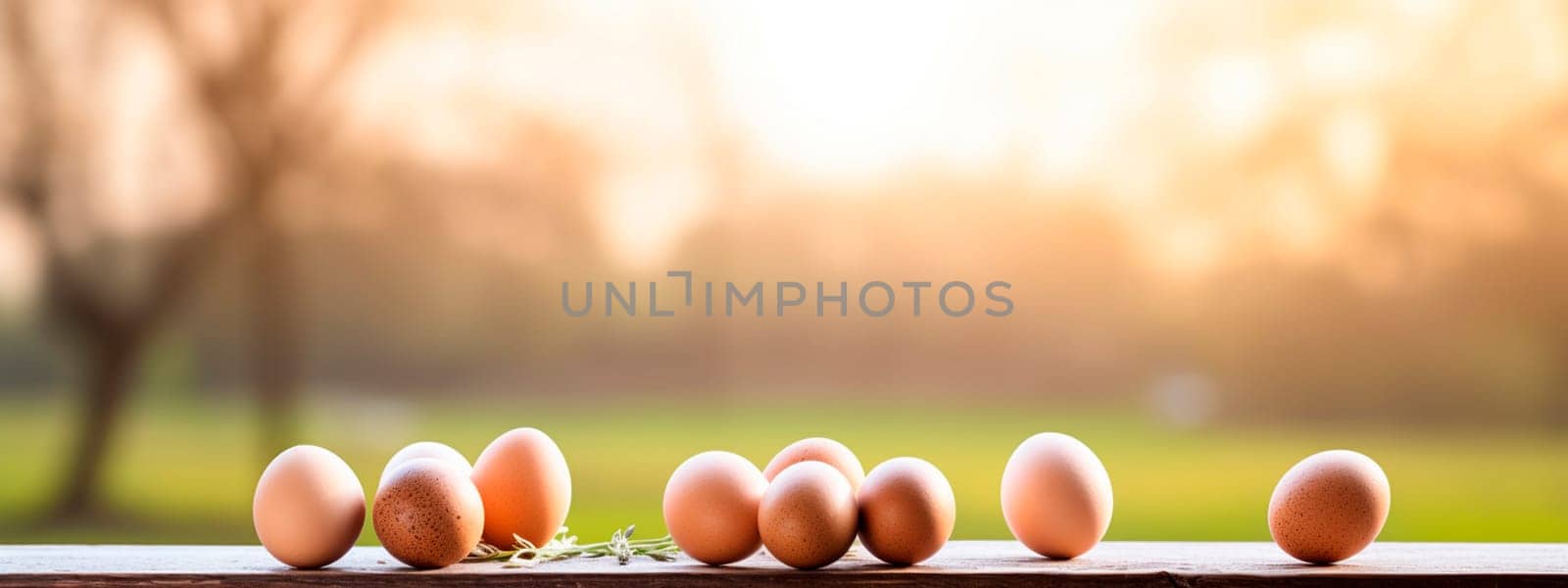 Homemade chicken eggs against the background of a field. Selective focus. by yanadjana