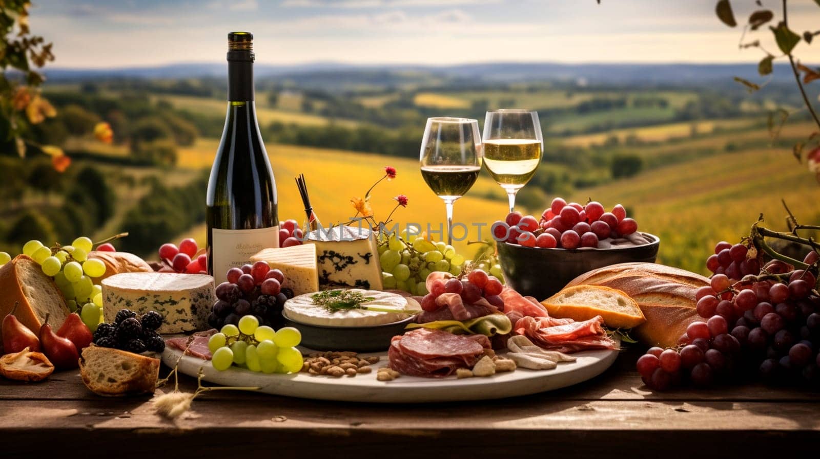 Wine cheese picnic at the vineyard. Selective focus. by yanadjana