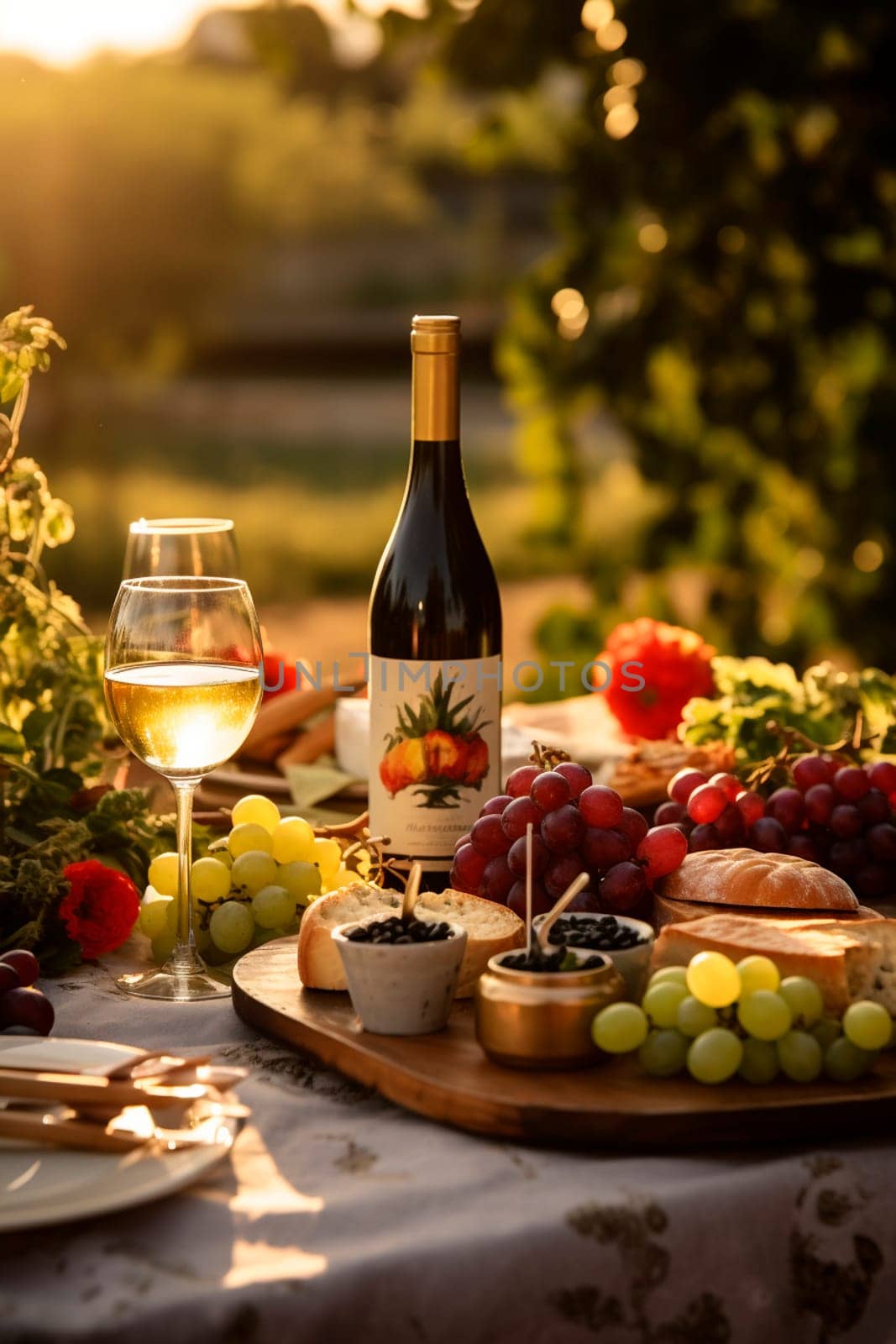 Wine cheese picnic at the vineyard. Selective focus. by yanadjana