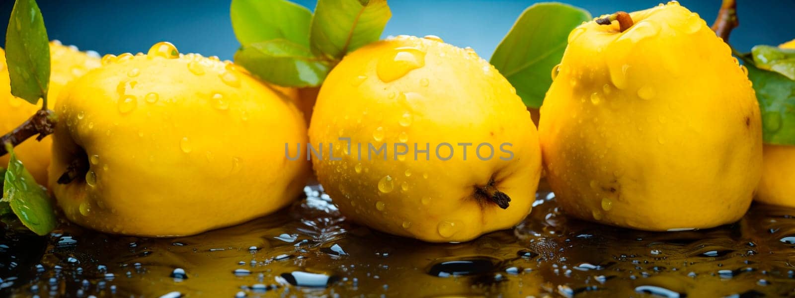 There are a lot of wet quince fruits. Selective focus. by yanadjana