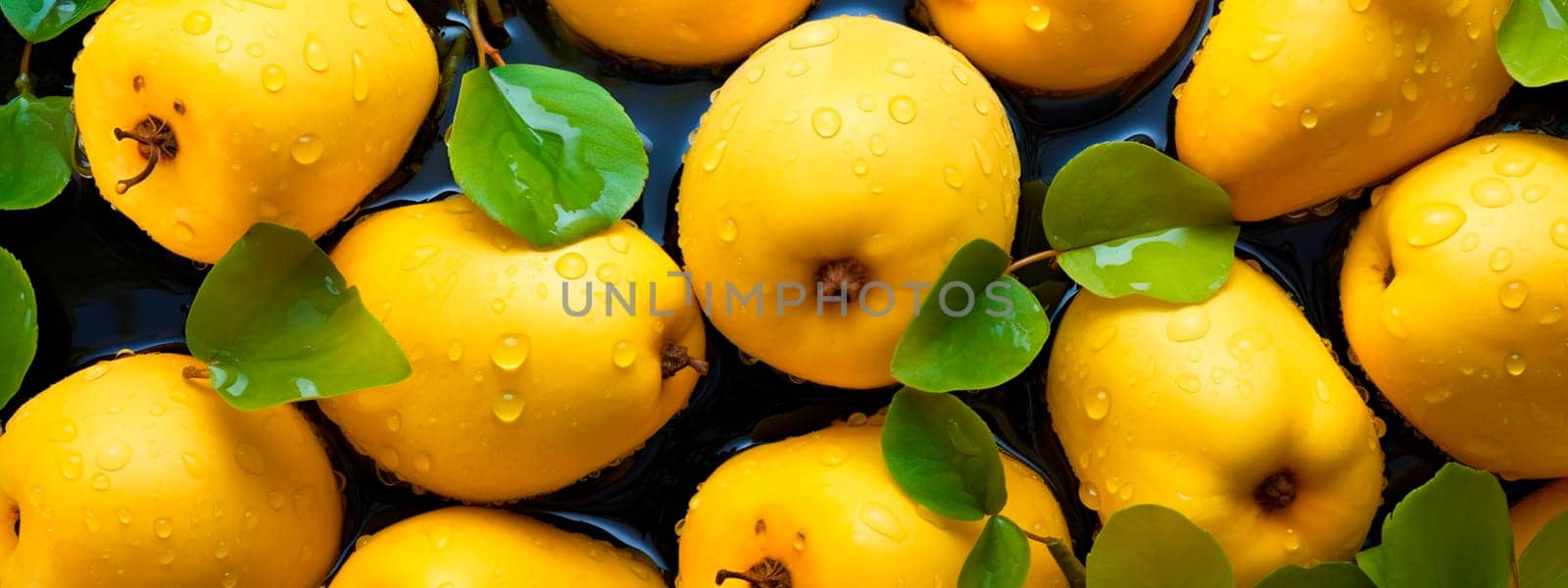 There are a lot of wet quince fruits. Selective focus. Food.
