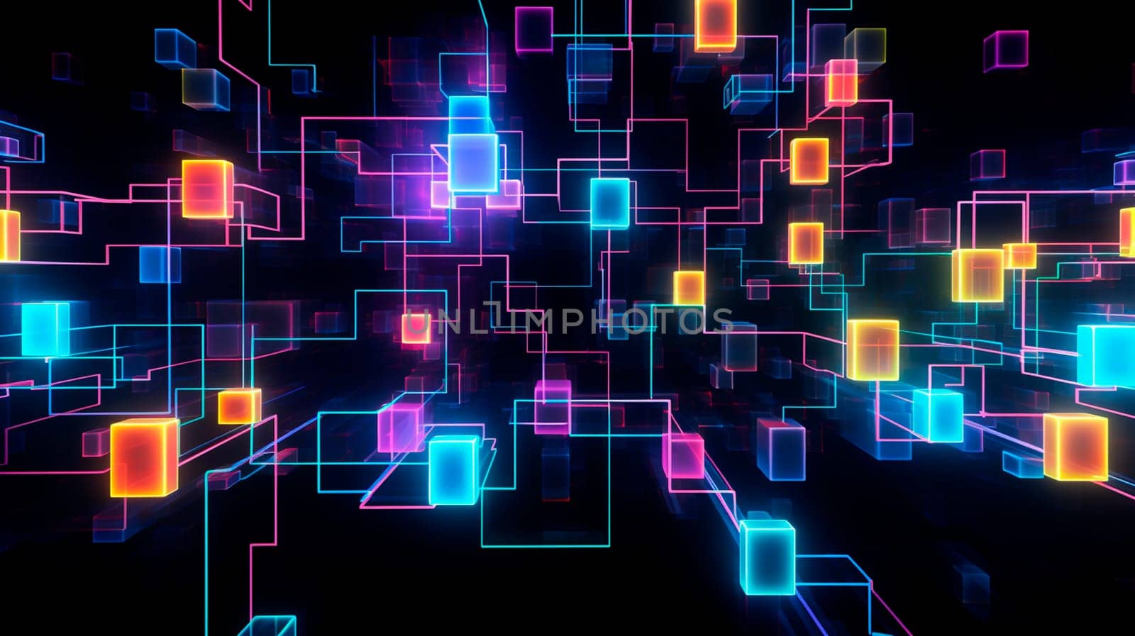 Abstract glowing neon squares. Selective focus. Nature.
