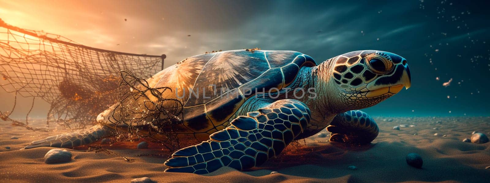 The turtle fell into the sea in a net. Selective focus. Nature.