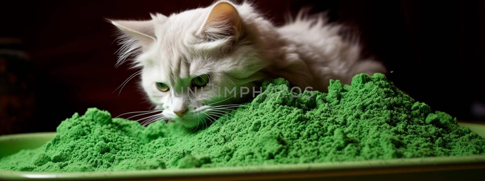 Green powder vitamins for cats. Selective focus. Food.