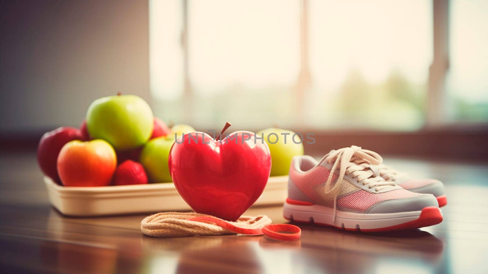 Proper food and sports shoes. Selective focus. Diet.