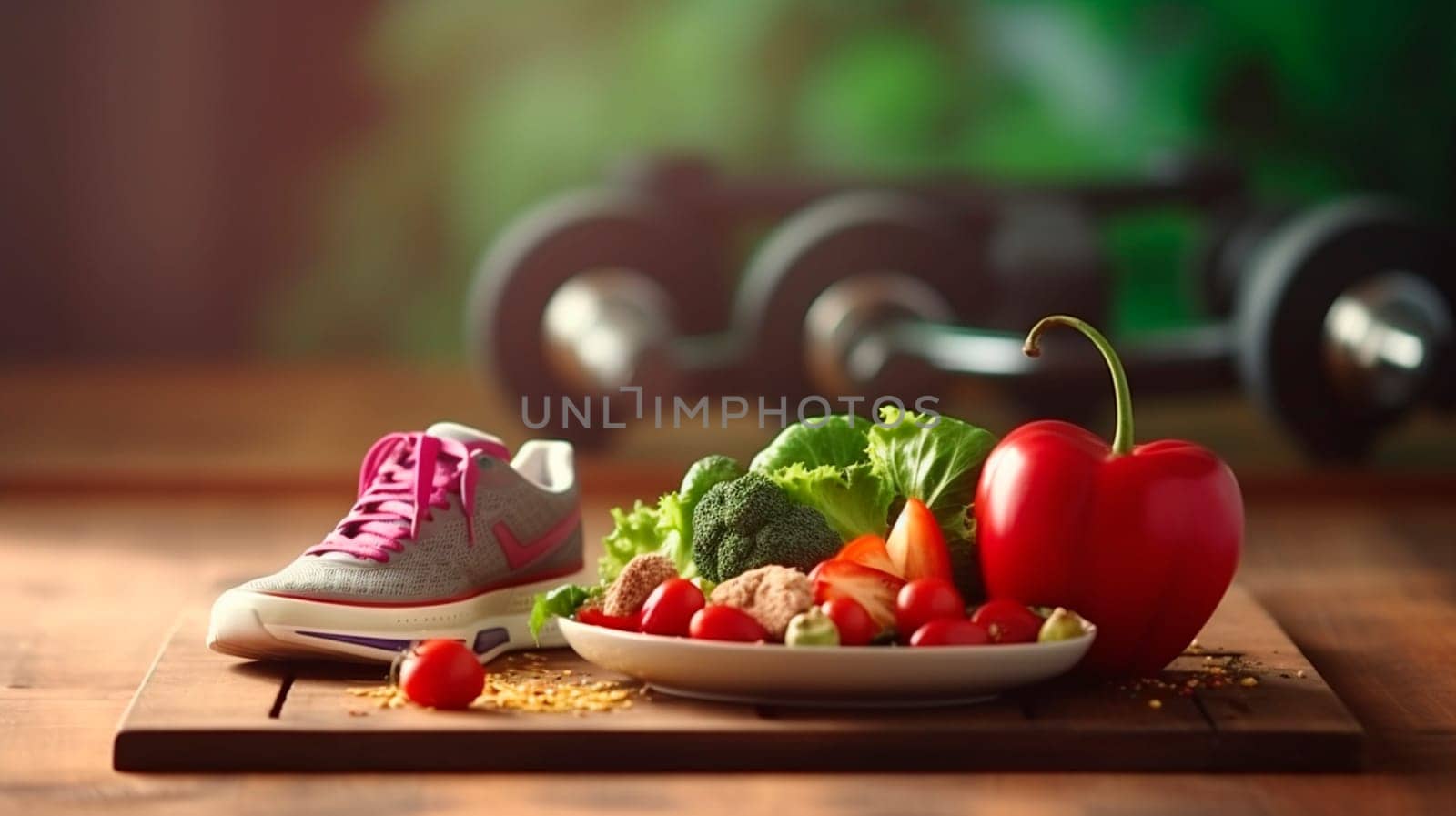 Proper food and sports shoes. Selective focus. Diet.