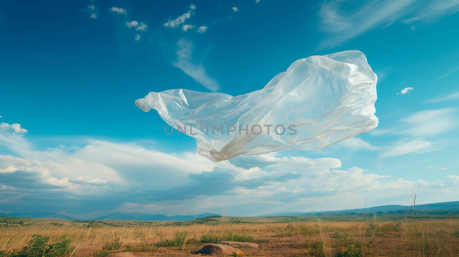 A plastic bag flies. Selective focus. Nature.