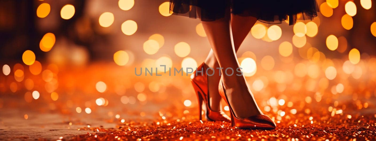 Female legs in stiletto heels on a background of golden bokeh. Selective focus. woman.