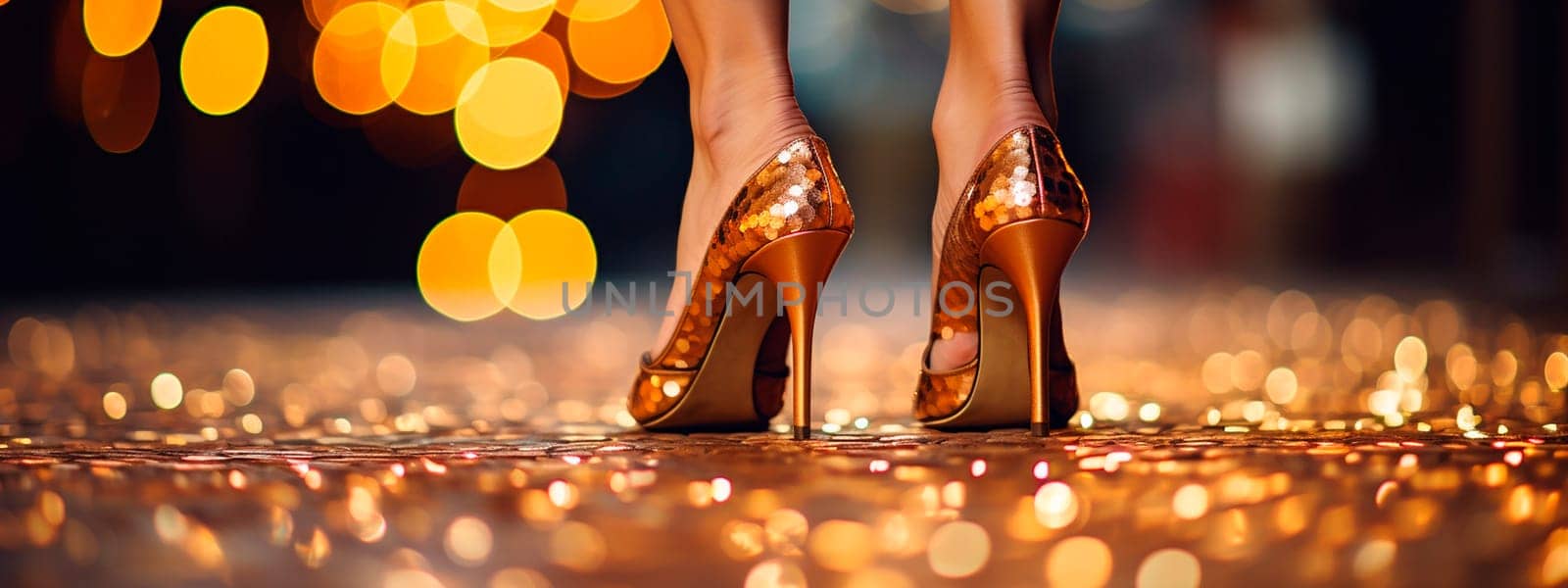 Female legs in stiletto heels on a background of golden bokeh. Selective focus. by yanadjana