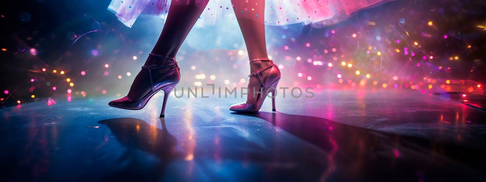 Beautiful female legs on neo-lights at a party. Selective focus. People.