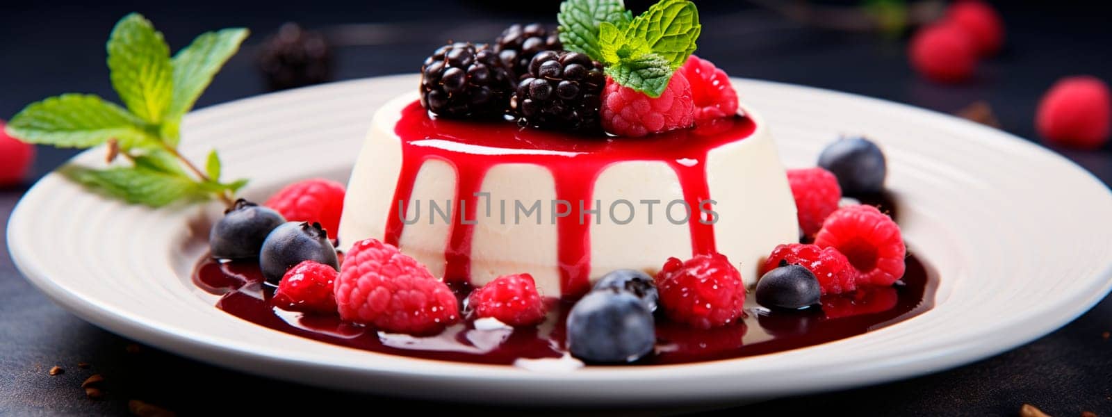 Panna cotta with berries on a plate. Selective focus. by yanadjana