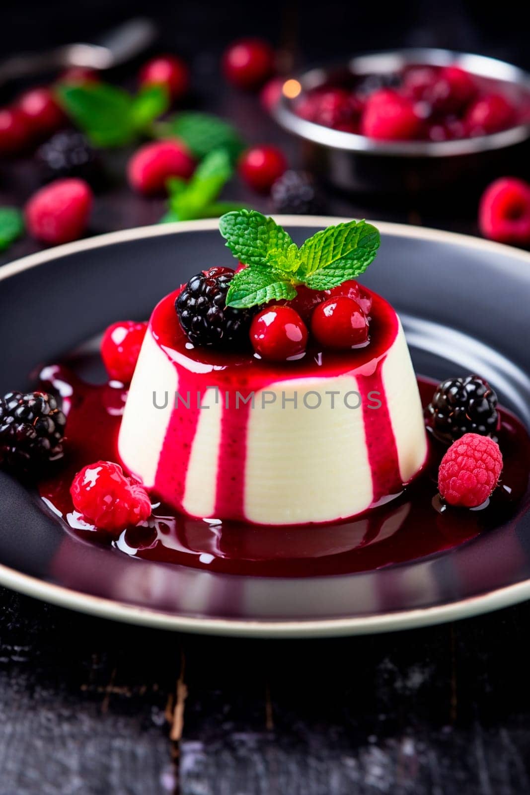 Panna cotta with berries on a plate. Selective focus. Food.