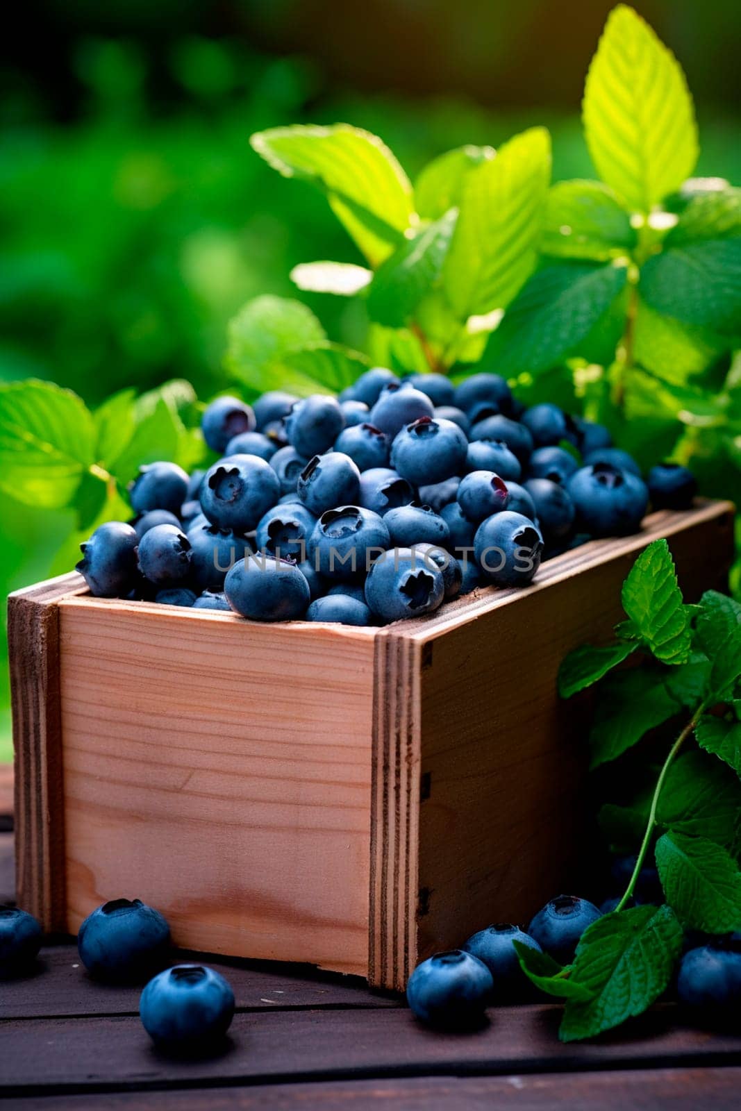 Blueberry harvest in a box in the garden. Selective focus. Food.