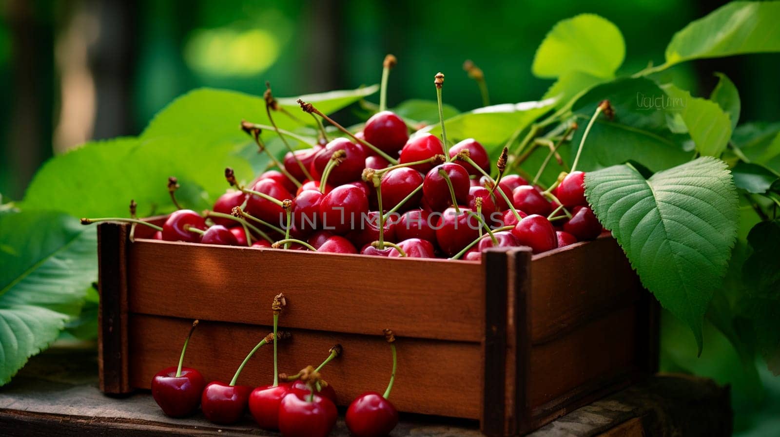 Cherry harvest in a box in the garden. Selective focus. food.