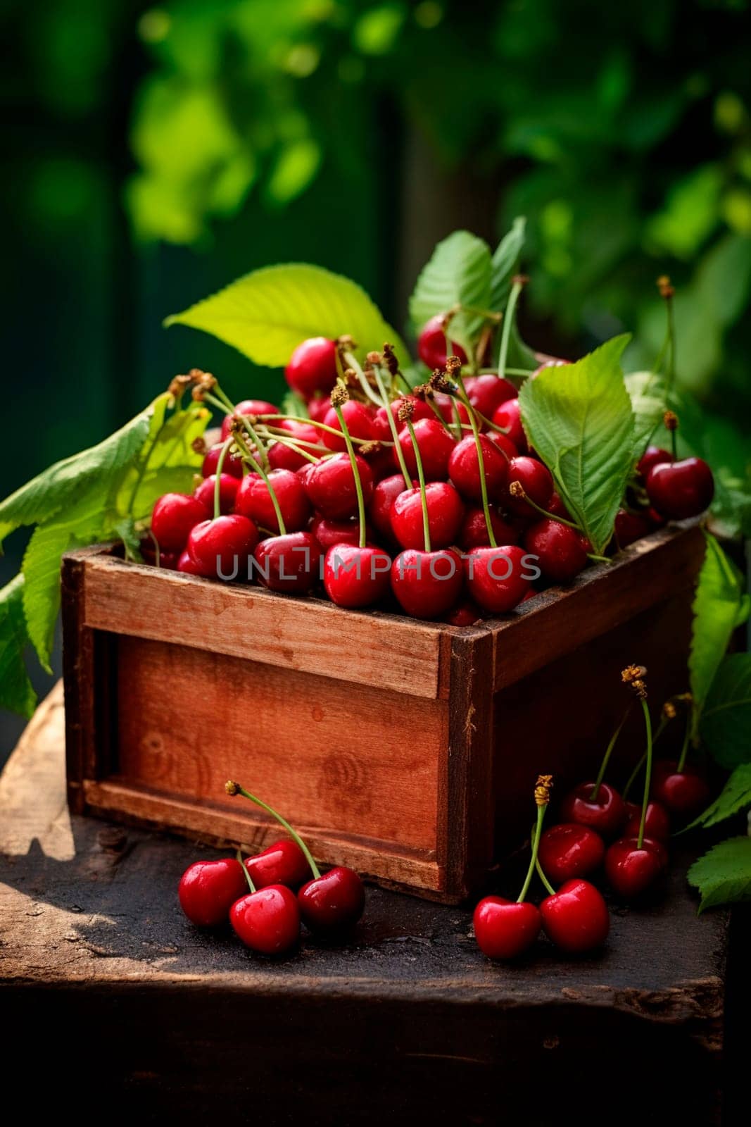 Cherry harvest in a box in the garden. Selective focus. food.