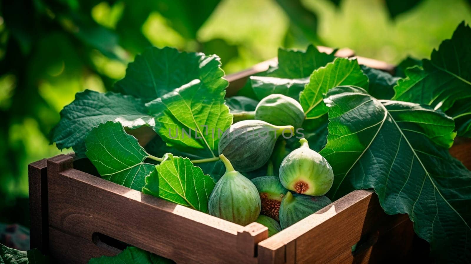 Harvest of figs in a box in the garden. Selective focus. Food.