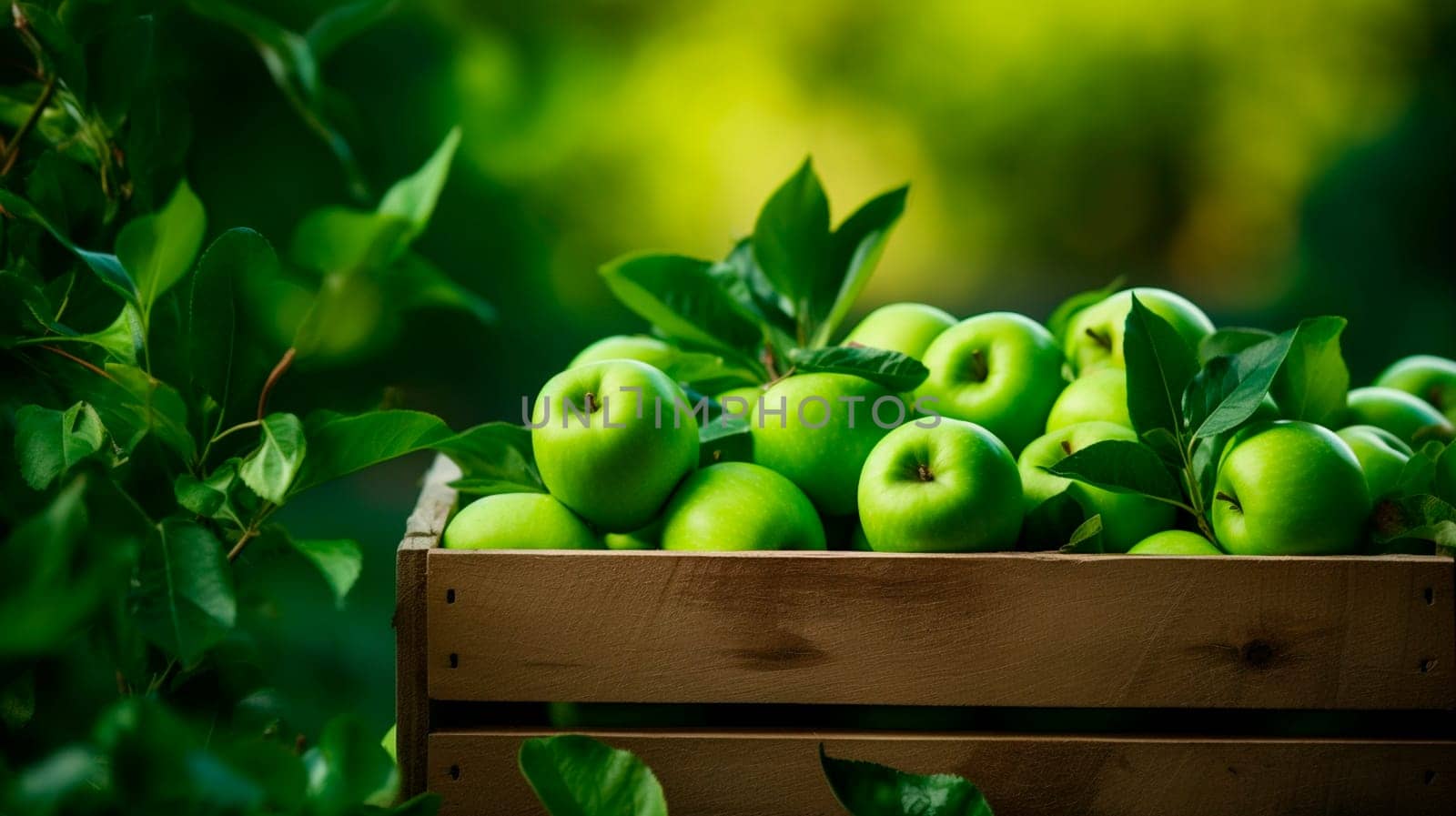 Harvest of green apples in a box in the garden. Selective focus. Food.