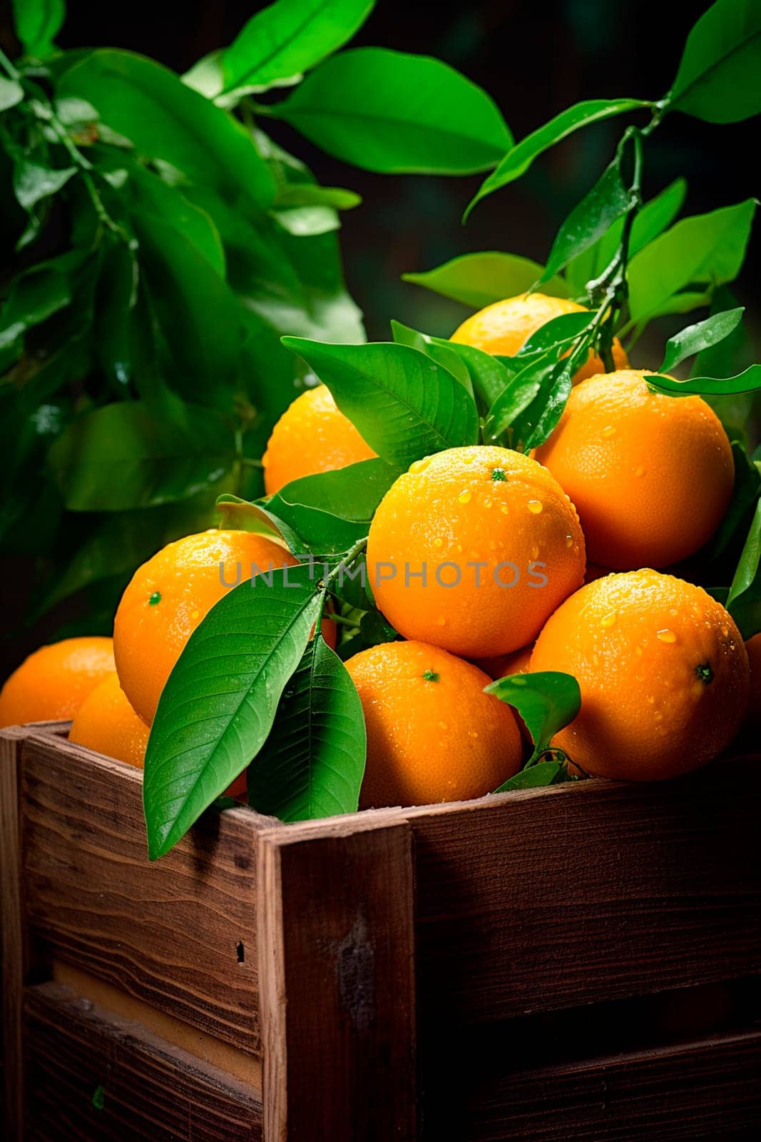 Harvest of oranges in a box in the garden. Selective focus. Food.