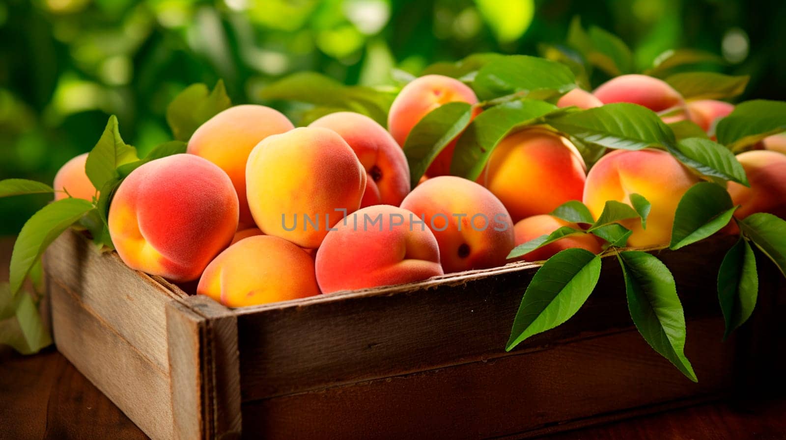 Peaches harvest in a box in the garden. Selective focus. Food.