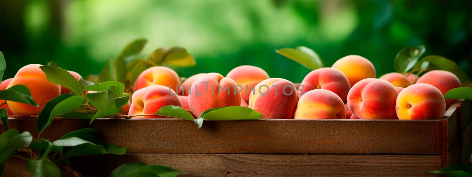 Peaches harvest in a box in the garden. Selective focus. Food.