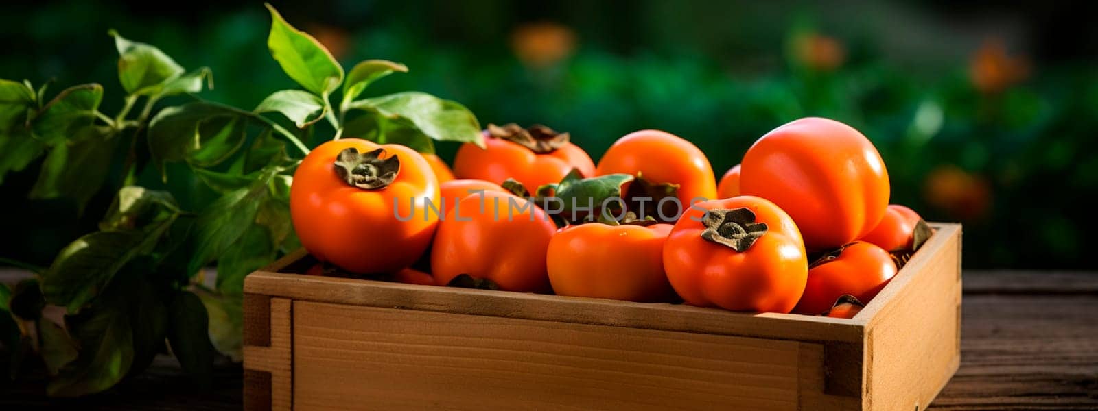 Persimmon harvest in a box in the garden. Selective focus. by yanadjana