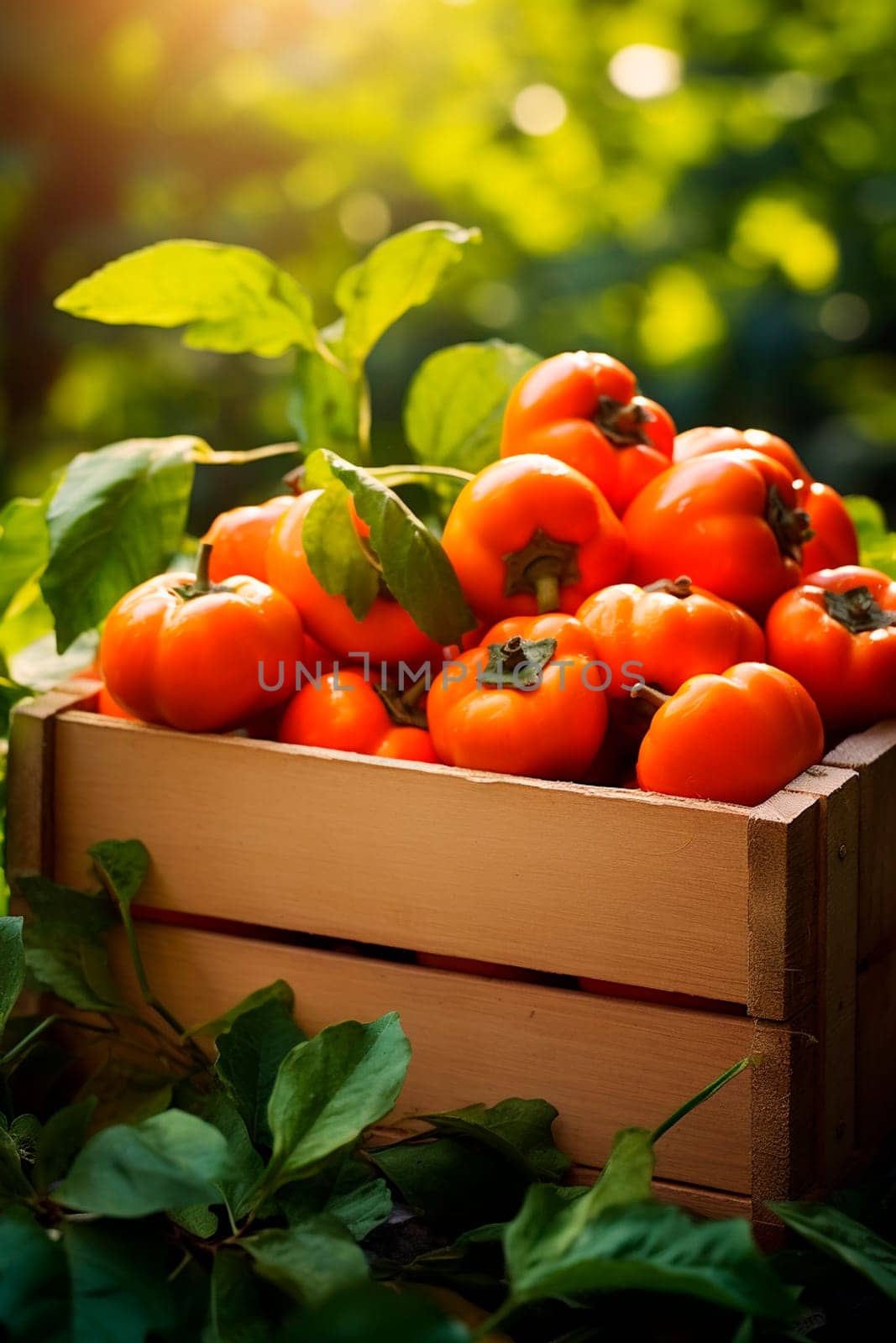 Persimmon harvest in a box in the garden. Selective focus. Food.