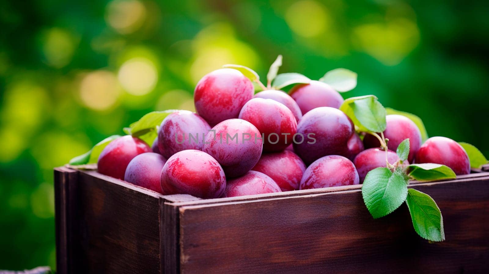 Plum harvest in a box in the garden. Selective focus. Food.