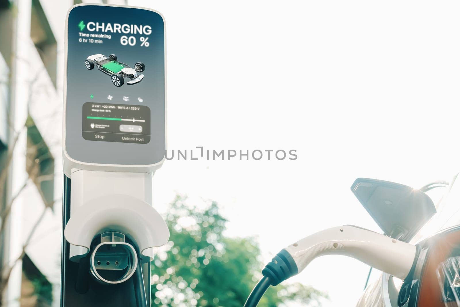 EV electric car charging in green sustainable city outdoor garden in summer. Urban sustainability lifestyle by green clean rechargeable energy of electric BEV vehicle innards