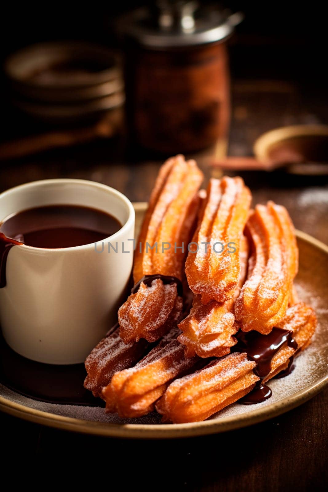 churros with chocolate. Selective focus food