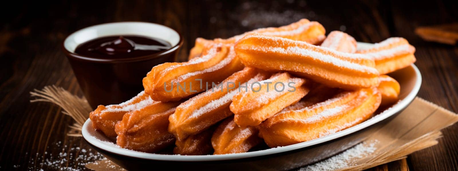 churros with chocolate. Selective focus food