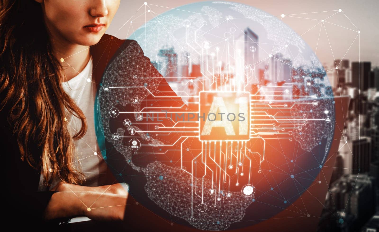 AI Learning and Artificial Intelligence Concept - Icon Graphic Interface showing computer, machine thinking and AI Artificial Intelligence of Digital Robotic Devices. uds