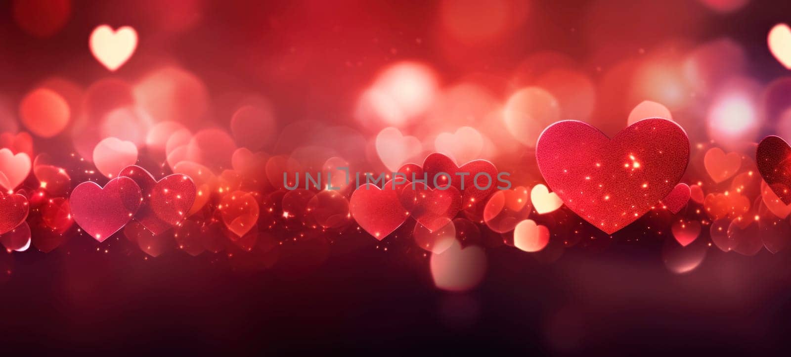 Red background with hearts for Valentine's Day. Abstract horizontal banner or greeting card.