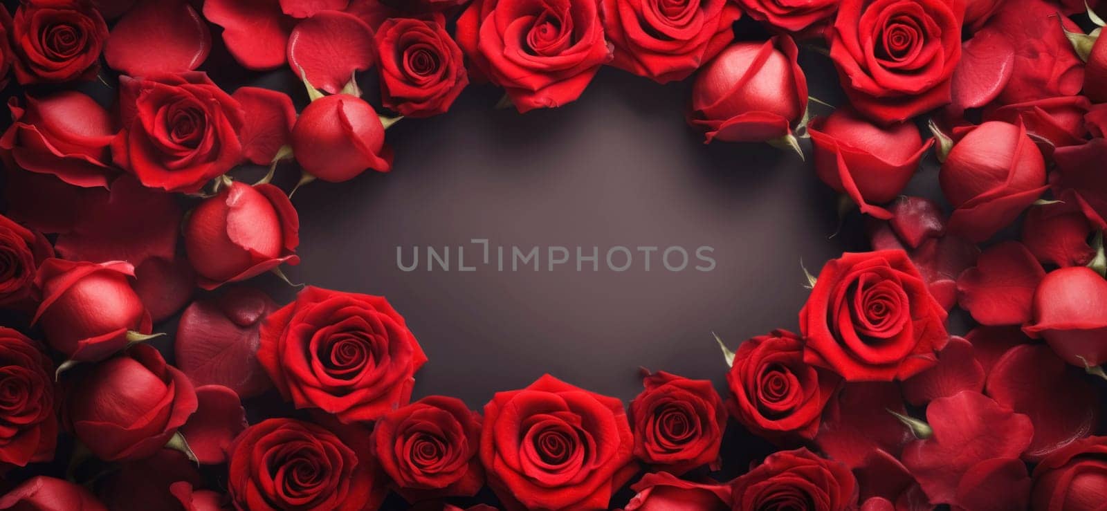 Natural red roses background with copy space. Background template for banner or greeting card.