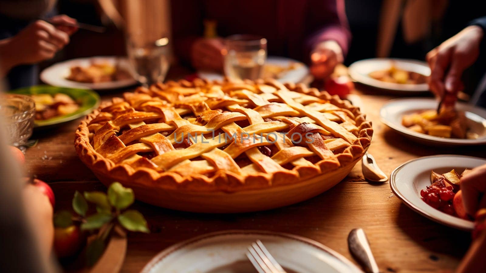 apple pie on the table against the backdrop of a family dinner. Selective focus. food.