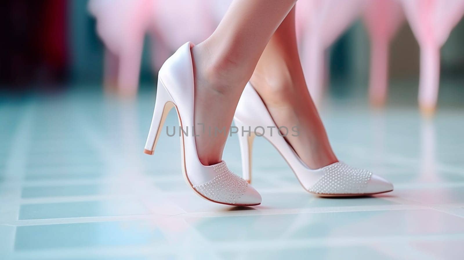 bride's feet in white shoes. Selective focus. people.