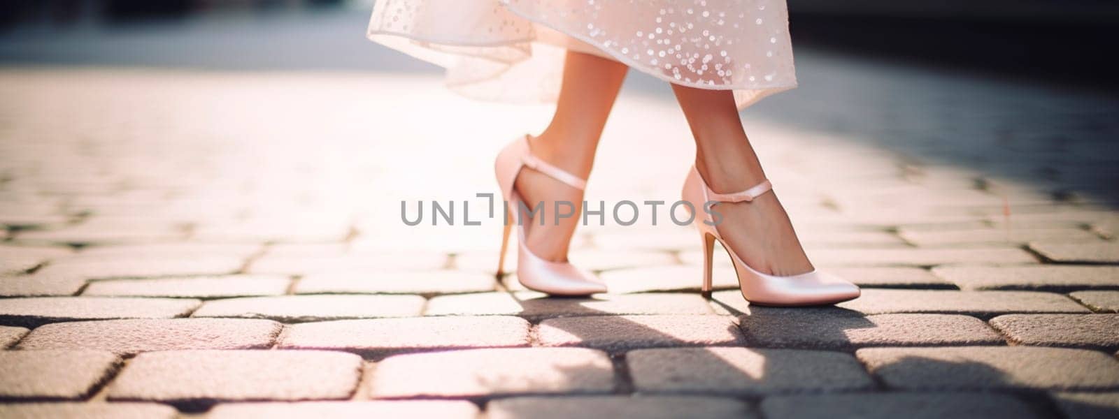 bride's feet in white shoes. Selective focus. people.