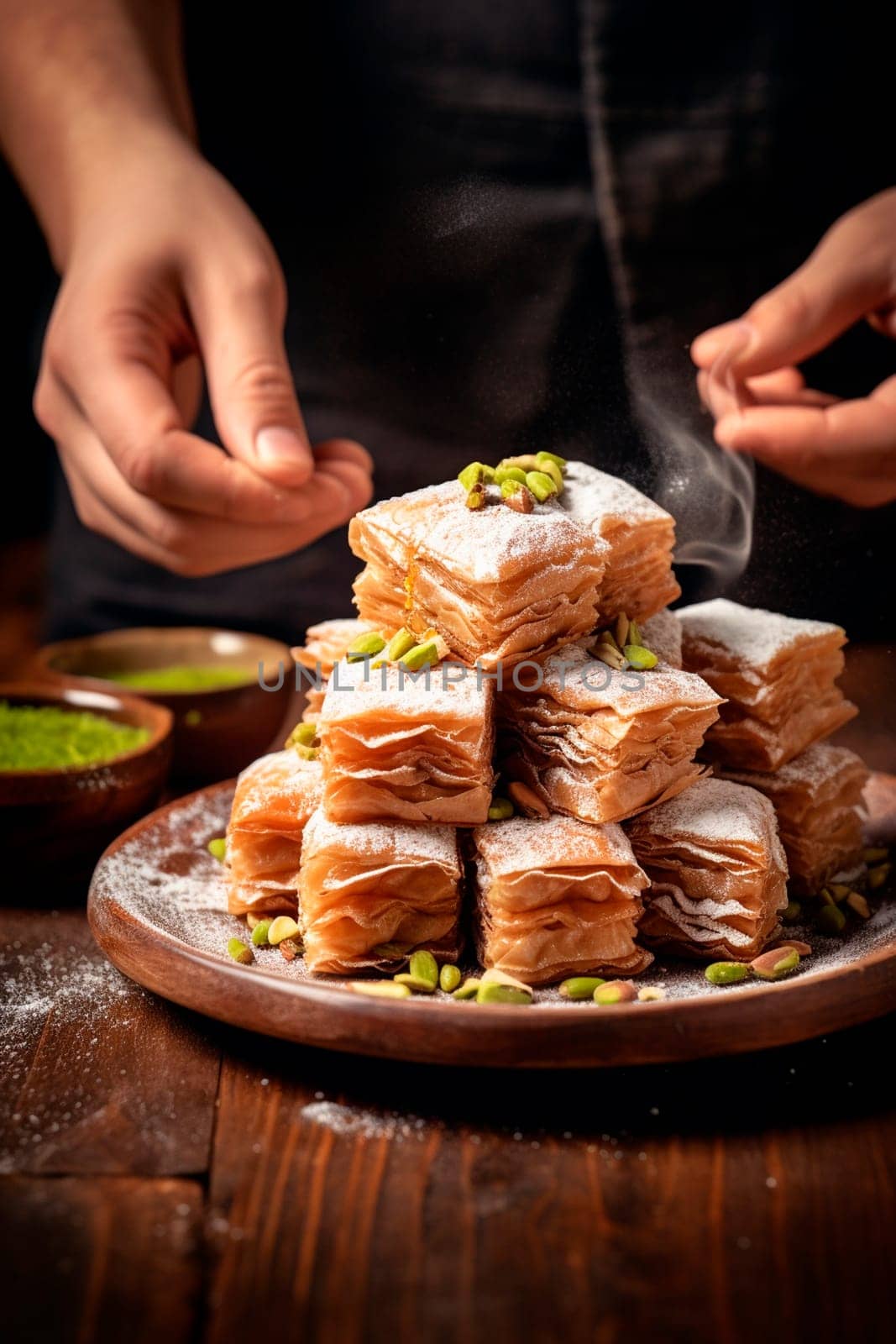 a plate of baklava in the hands of the cook. Selective focus. by yanadjana