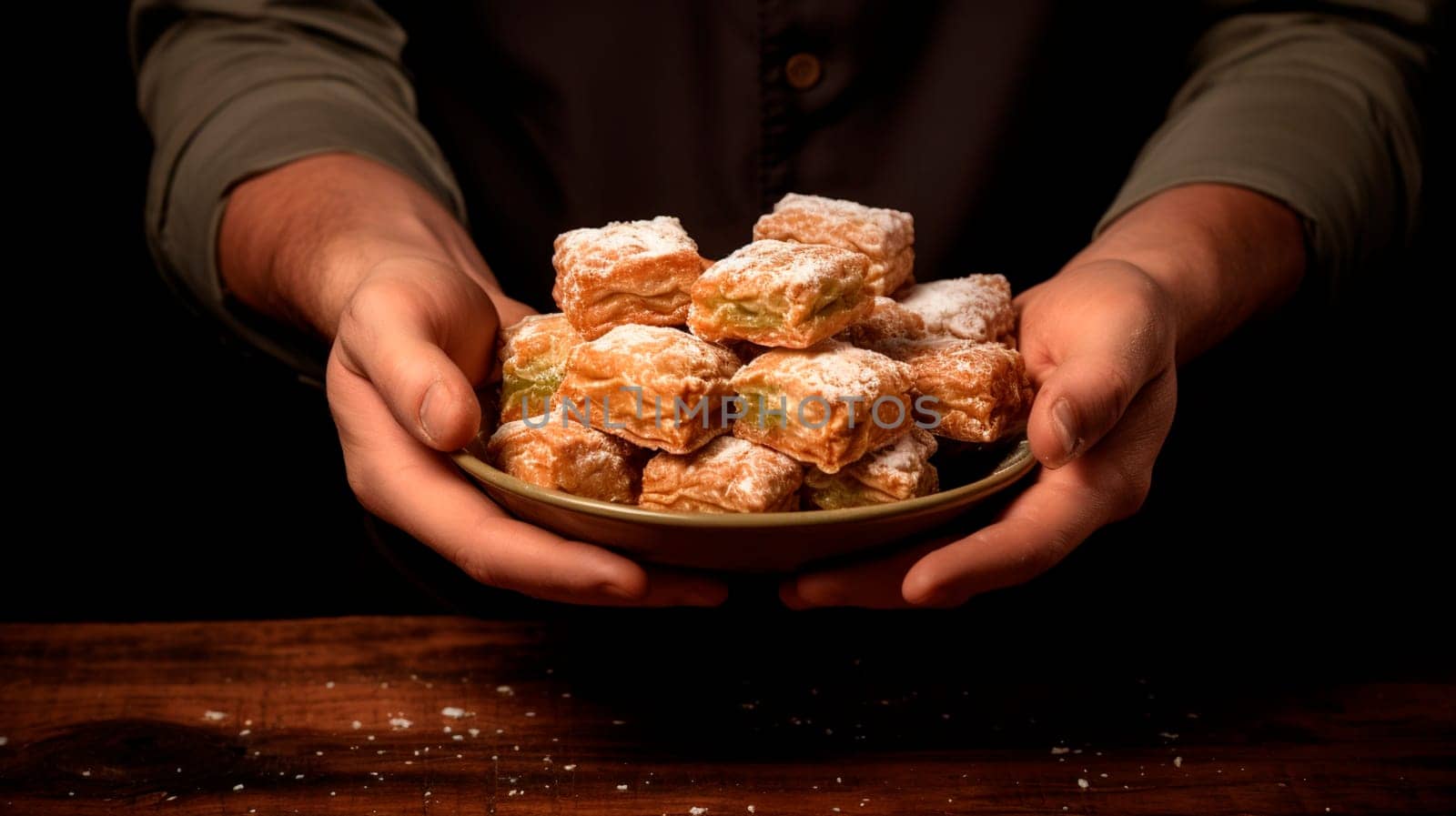 a plate of baklava in the hands of the cook. Selective focus. food.