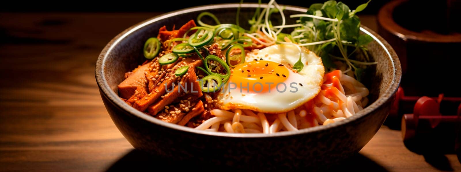 ramen with egg and vegetables in a plate. Selective focus. food.