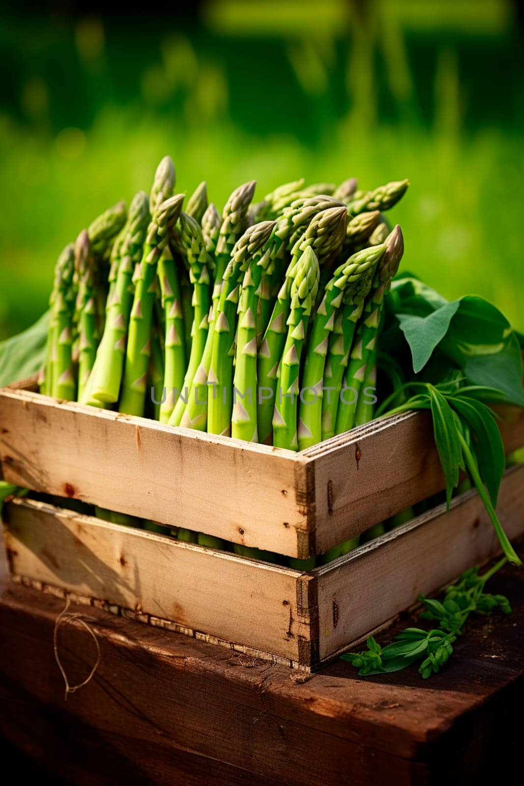 asparagus harvest in a box in the garden. Selective focus. food.