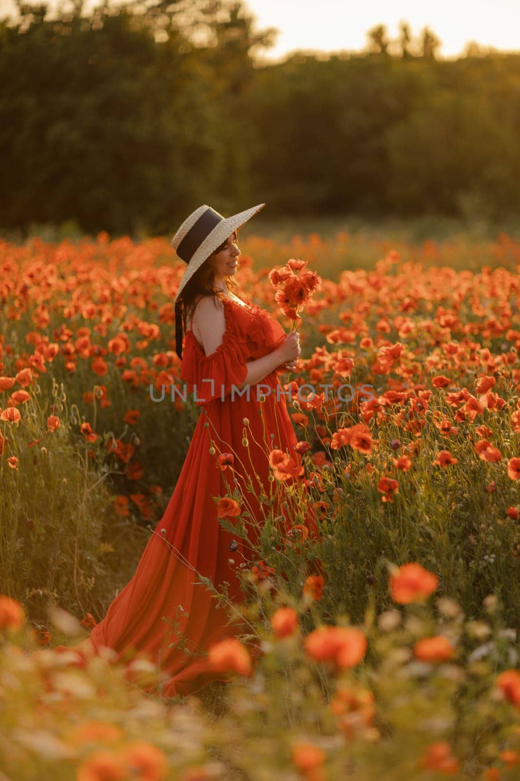Woman poppy field red dress hat. Happy woman in a long red dress in a beautiful large poppy field. Blond stands with her back posing on a large field of red poppies. by Matiunina