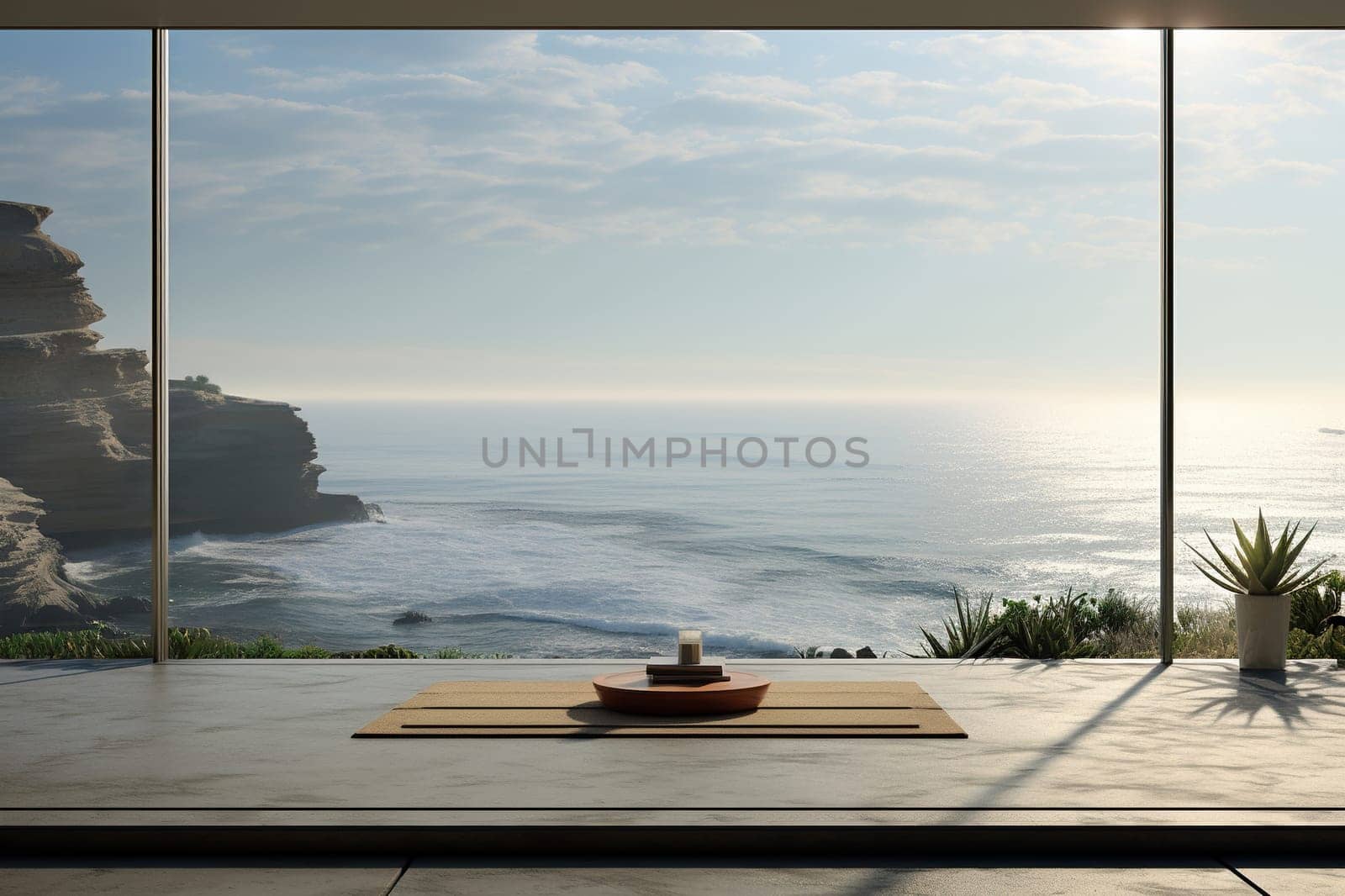 Space for meditation and yoga overlooking the ocean. Generated by artificial intelligence by Vovmar