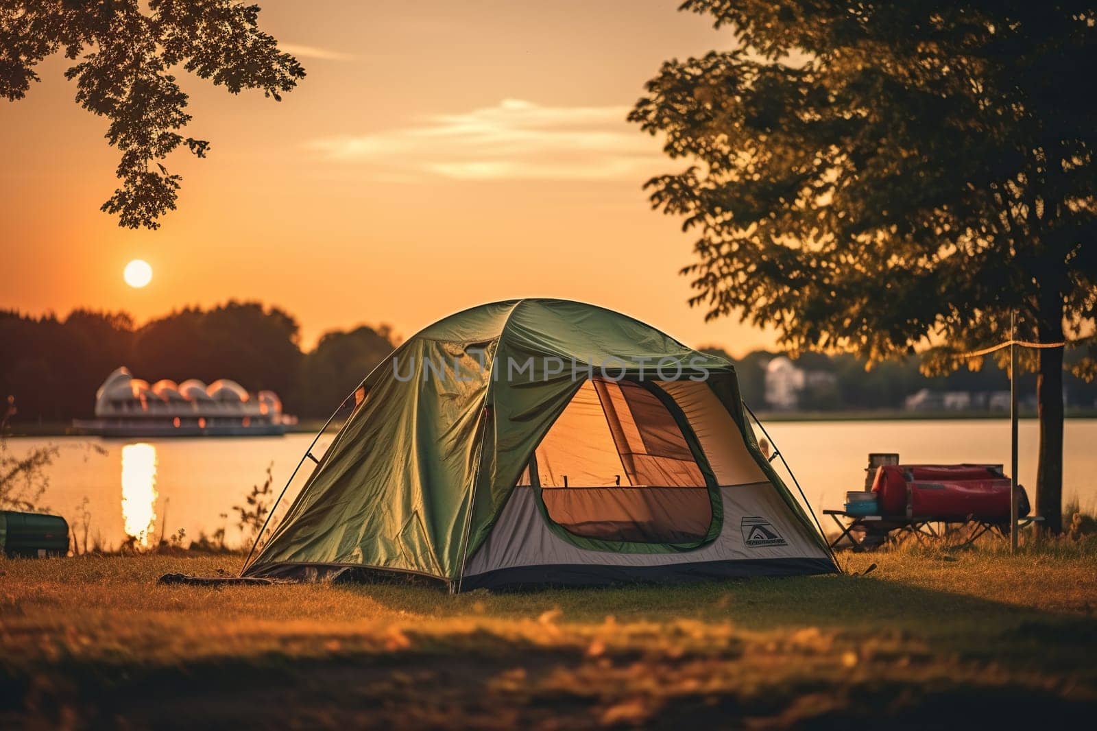 Tent on the bank of a river, lake at sunset, dawn. Camping.