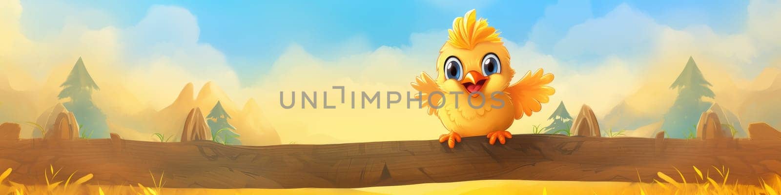 Happy smiling chicken at farm on the banner by Kadula