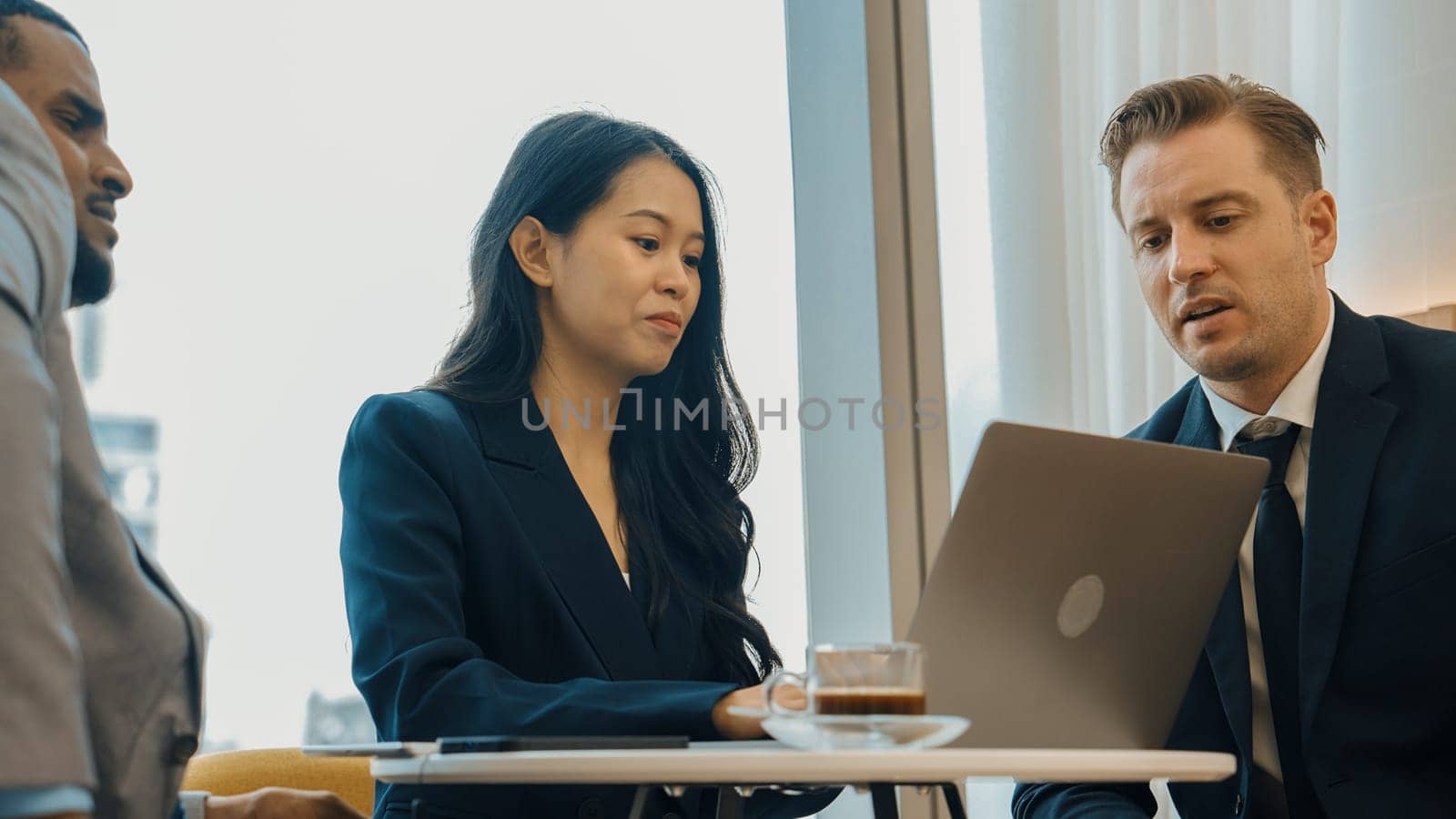 Ornamented office overlooking city skyline, diversity corporate professional discuss ambitious business expansion or strategic marketing. Financial advisor give consulting business insights and idea