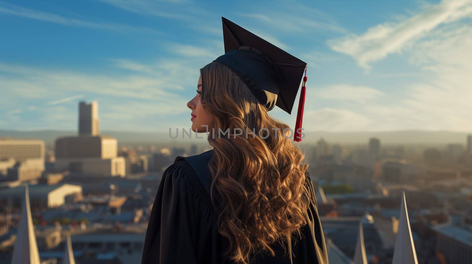 A rear view of a graduate girl, standing outdoors against a background of blue sky, on a hill.