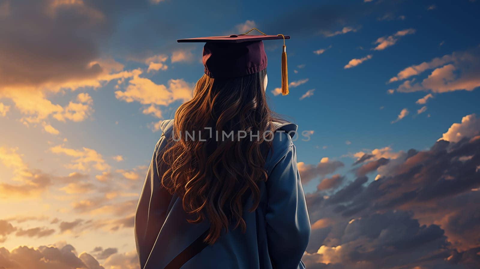 A rear view of a graduate girl, standing outdoors against a background of sunset sky.