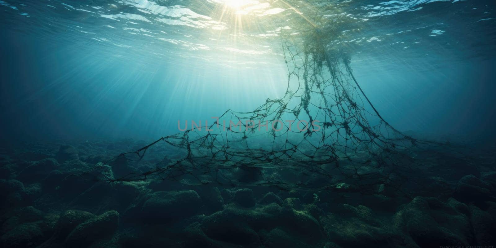 Huge fish net underwater, fishing concept by Kadula
