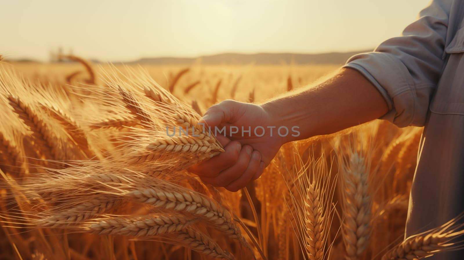 Farmer's hand with spikelets of ripe wheat against the background of a field with golden wheat. Close up