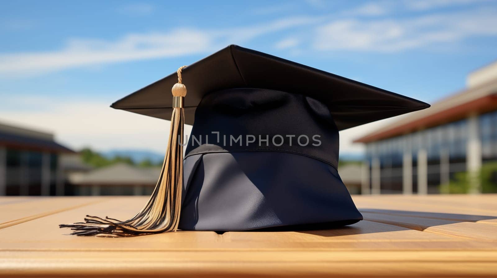 A graduation hat with a tassel lies on a table outside against a blue sky background.